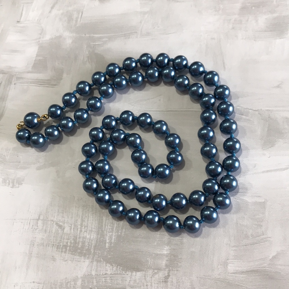 Blue Faux Pearl Necklace, Hand Knotted Steel Blue, 24", Ball Bead Clasp